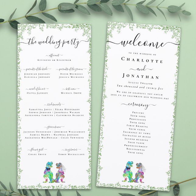 Programme de la cérémonie de mariage de la mariée  (T-Rex bride and groom funny dinosaur wedding ceremony program card watercolor foliage colorful dino)