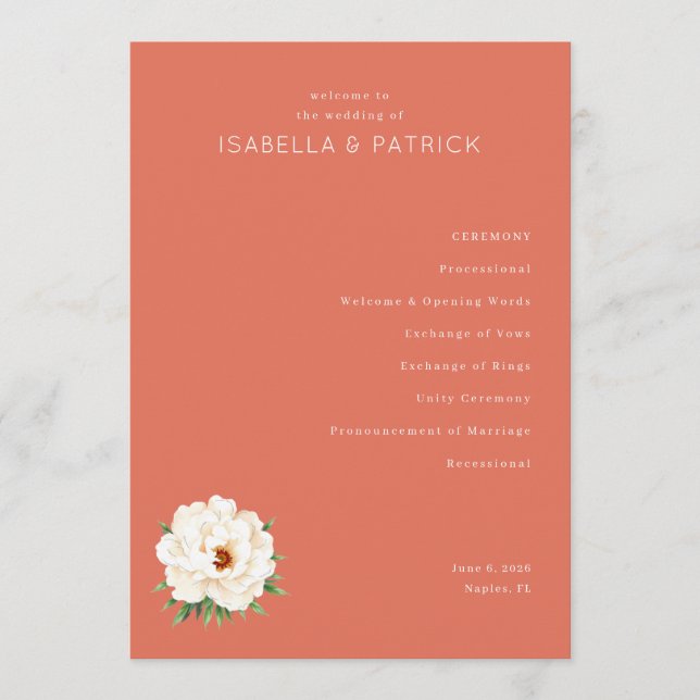 Programme de la cérémonie de mariage florale corai (Devant)