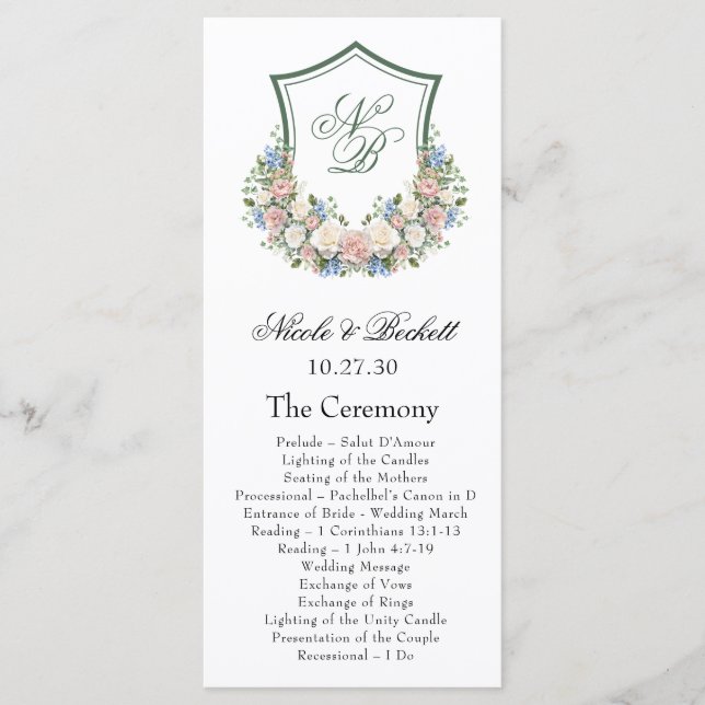 Programme de mariage à armoiries florales bleu pou (Devant)