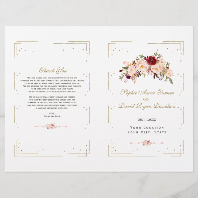 Programme de mariage à cadre doré et fleurs roses  (Devant)