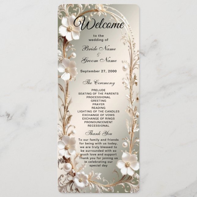 Programme de mariage à cadre floral blanc orné (Devant)