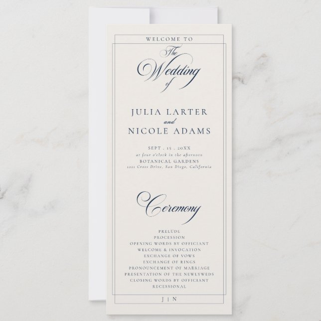 Programme de mariage à calligraphie ivoire Navy cl (Devant)