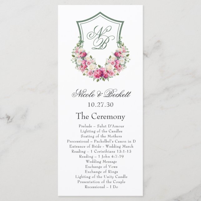 Programme de mariage à la crête florale rose (Devant)