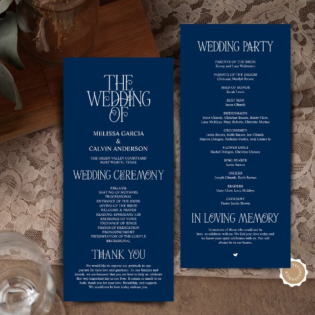 Programme de mariage à la typographie élégante ble (Elegant Navy Blue Typography Modern Romantic Wedding Program Card)