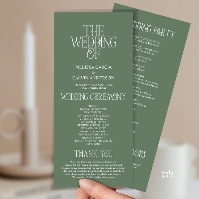 Programme de mariage à la typographie élégante ver (Sage Green Typography Modern Romantic Wedding Program Card)