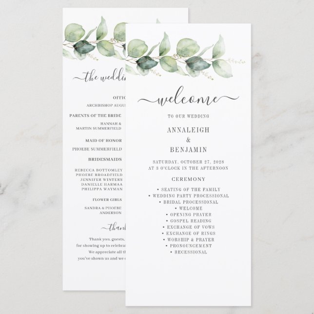 Programme de mariage à la verdure d'eucalyptus bot (Devant / Derrière)
