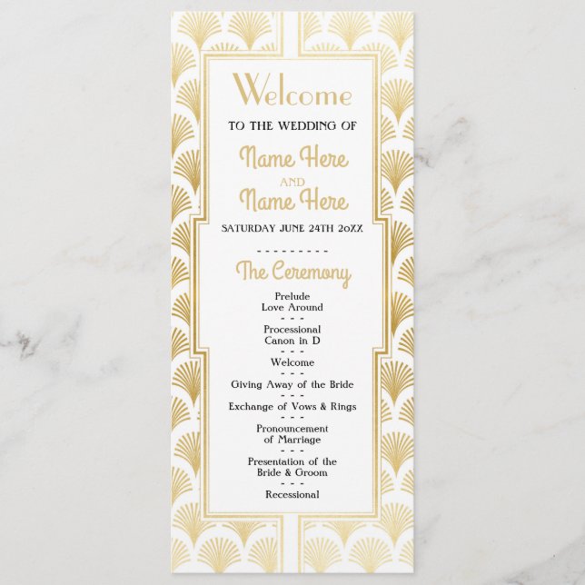 Programme de mariage à l'aquarelle Art Déco Or des (Devant)