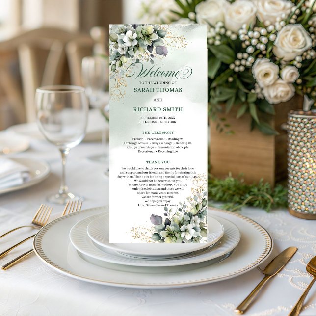 Programme de mariage à l'aquarelle botanique vert  (Green White Botanical Watercolor Wedding Program)