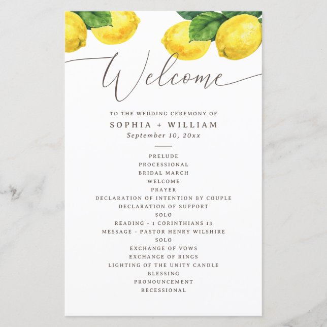 Programme de mariage à l'aquarelle de citron | Pro (Devant)