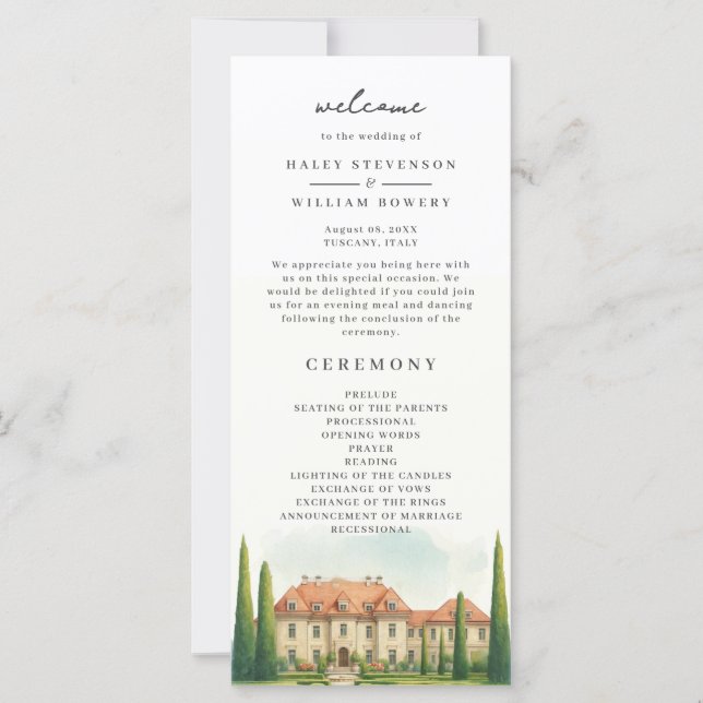 Programme de mariage à l'aquarelle de la villa ita (Devant)