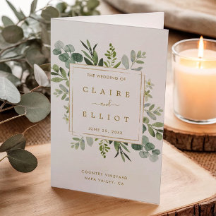 Programme de mariage à l'aquarelle de verdure doré
