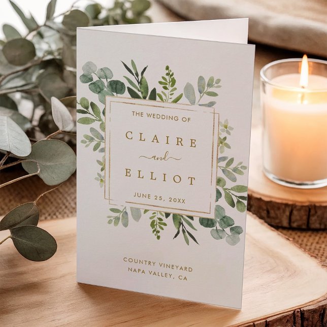Programme de mariage à l'aquarelle de verdure doré (Créateur téléchargé)