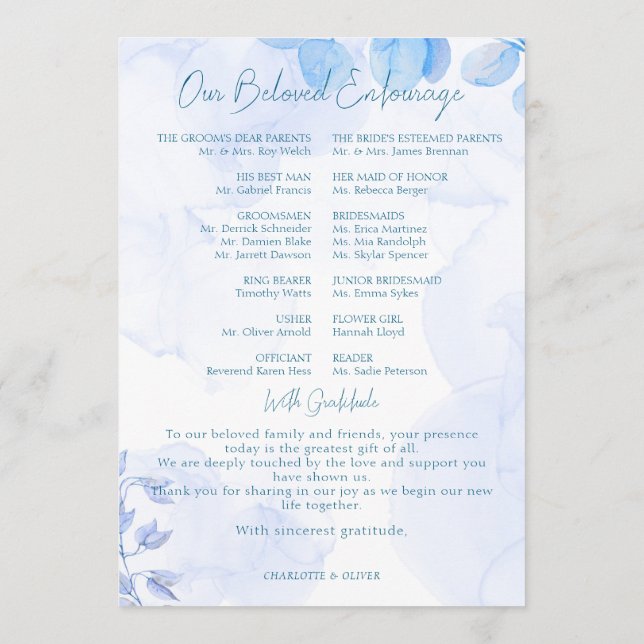 Programme de mariage à l'aquarelle florale bleu po (Dos)