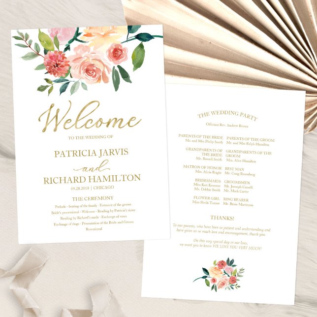 Programme de mariage à l'aquarelle florale dorée é (Créateur téléchargé)
