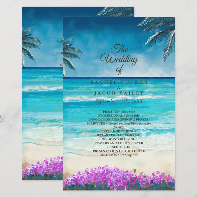 Programme de mariage à l'aquarelle sur l'océan ble (Devant / Derrière)