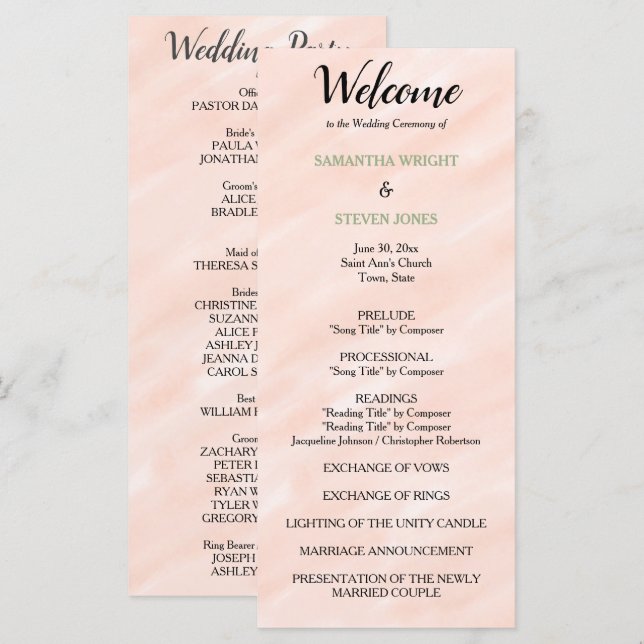 Programme de mariage à l'aquarelle Vert Sauge Roug (Devant / Derrière)