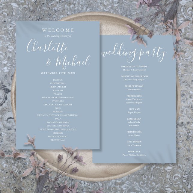 Programme de mariage à l'écriture distinctive bleu (Dusty Blue Signature Script Wedding Program)