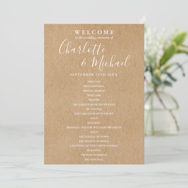 Programme de mariage à l'écriture élégante Kraft r (Debout devant)