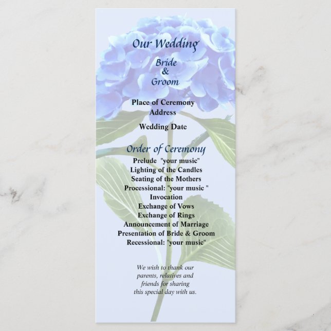 Programme de mariage à l'hortensia bleu vif (Devant)