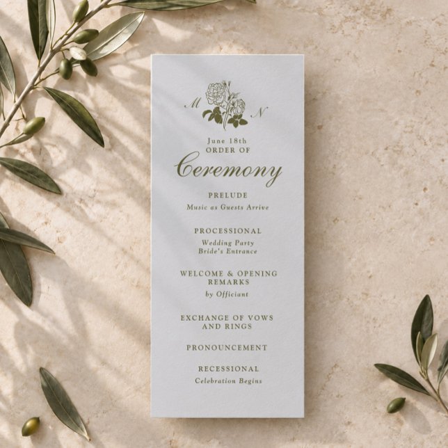 Programme de mariage à monogramme botanique olive (Créateur téléchargé)