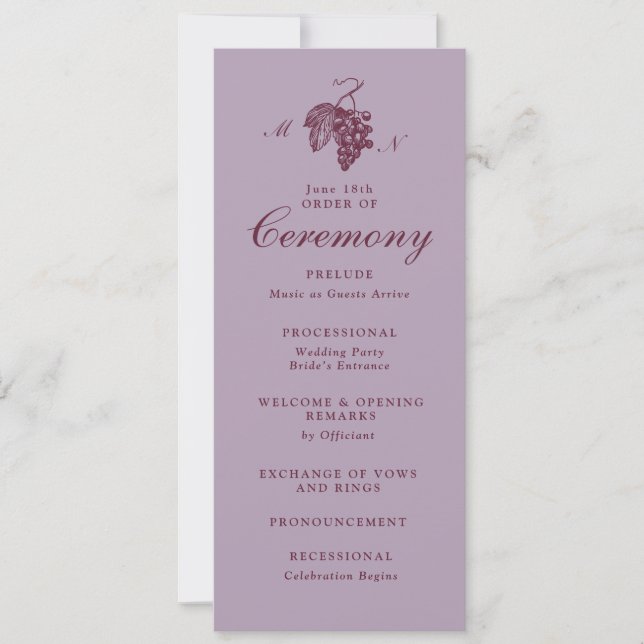 Programme de mariage à monogramme de raisin de lil (Devant)