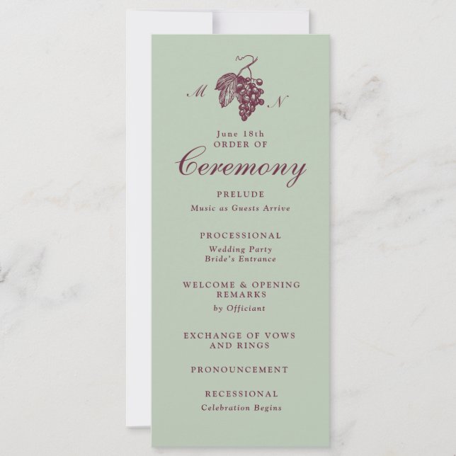 Programme de mariage à monogramme de raisin vert j (Devant)