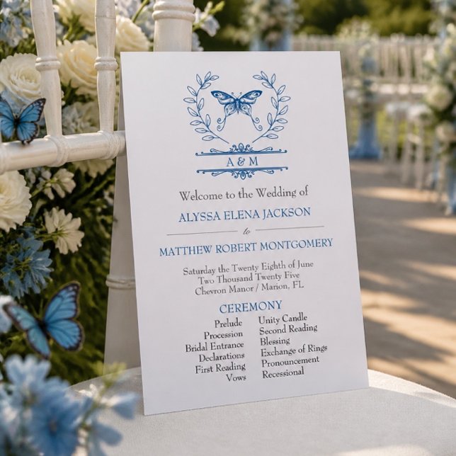 Programme de mariage à monogramme papillon bleu (Créateur téléchargé)