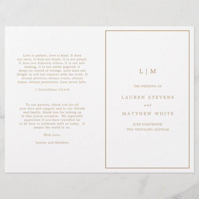 Programme de mariage à monogramme simple en or ant (Devant)