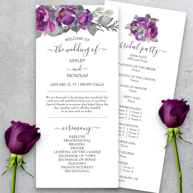 Programme de mariage à motif floral pourpre et écr (Elegant purple floral wedding program from my Plush Purple Wedding Collection )