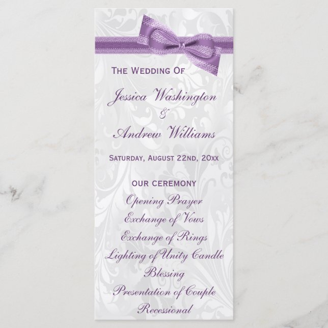 Programme de mariage à nœud faux violet et damas b (Devant)