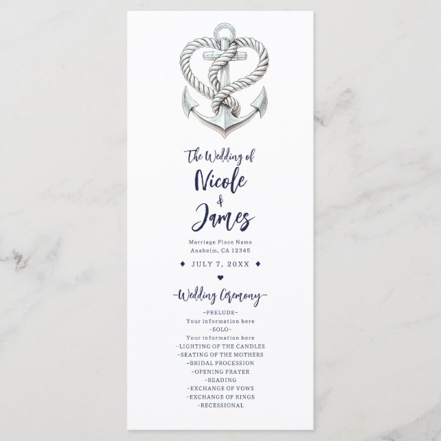 Programme de mariage ancre de corde de cœur nautiq (Devant)