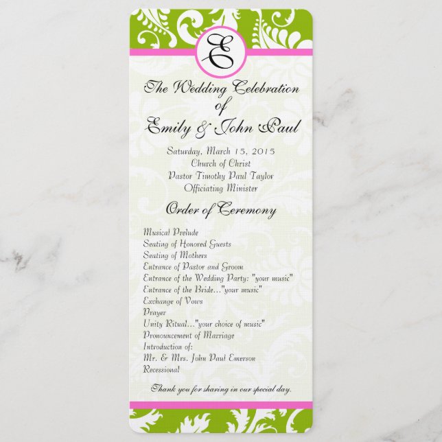Programme de mariage Apple Green & Pink Damask (Devant)