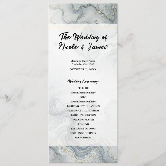 Programme de mariage aquarelle Bleu Gris Or Plage (Devant)