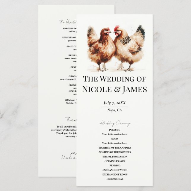 Programme de mariage aquarelle poulets bruns de ca (Devant / Derrière)