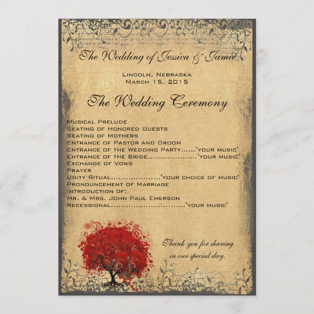 Programme de mariage Arbre à feuilles en forme de  (Devant)