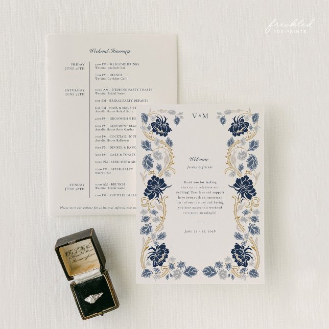 Programme de mariage Art nouveau floral bleu marin (Navy Blue and Gold Art Nouveau Wedding Welcome and Weekend Itinerary Card)