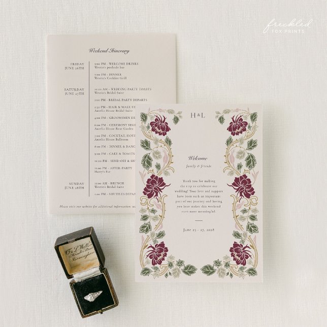 Programme de mariage Art nouveau floral Bourgogne (Burgundy Floral Art Nouveau Wedding Weekend Itinerary)