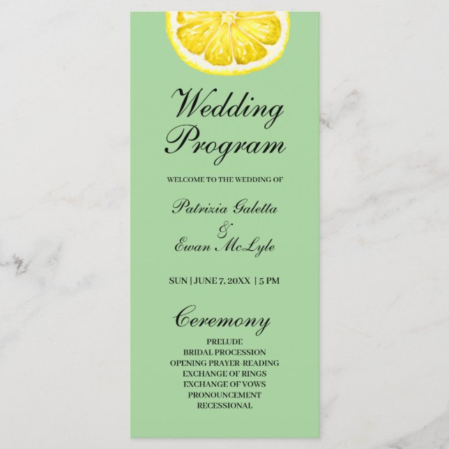 Programme de mariage au citron aquarelle 4x9 plat (Devant)
