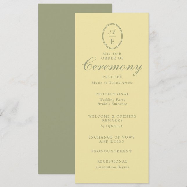 Programme de mariage au monogramme jaune beurre (Devant / Derrière)