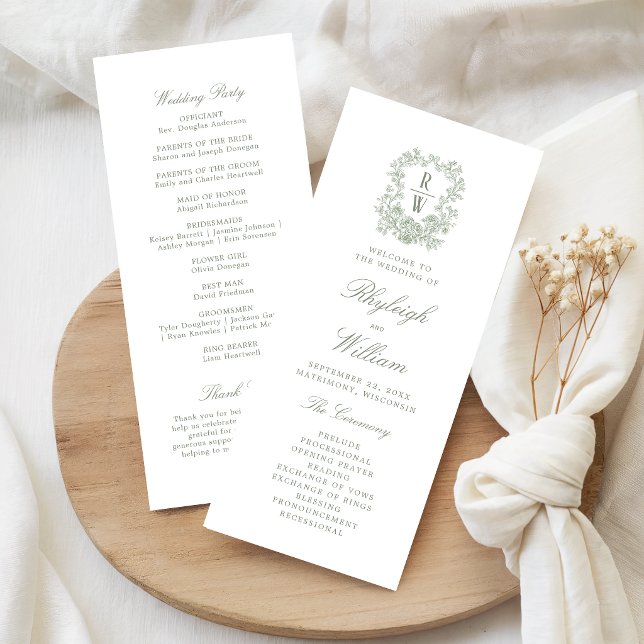 Programme de mariage au monogramme vintage vert sa (Créateur téléchargé)