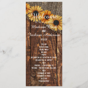 Programme de mariage au tournesol en bois rustique