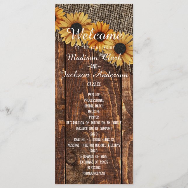 Programme de mariage au tournesol en bois rustique (Devant)