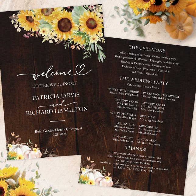Programme de mariage automnal aux tournesols rusti (Créateur téléchargé)
