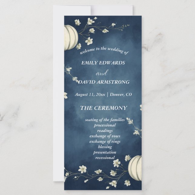 Programme de mariage automnal citrouille bleu mari (Devant)