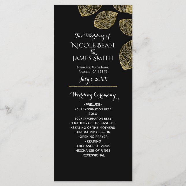 Programme de mariage automnal noir feuilles d'or (Devant)