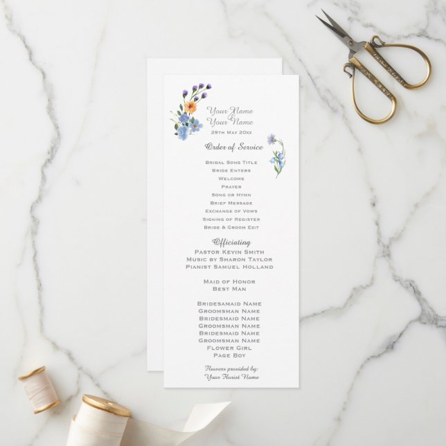 Programme de mariage aux aquarelles de fleurs sauv (Devant/Arrière en situation)
