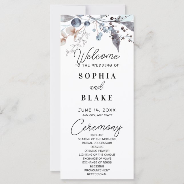 Programme de mariage aux baies bleues et grises et (Devant)