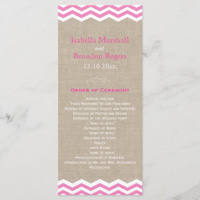 Programme de mariage aux chevrons roses sur toile  (Devant)