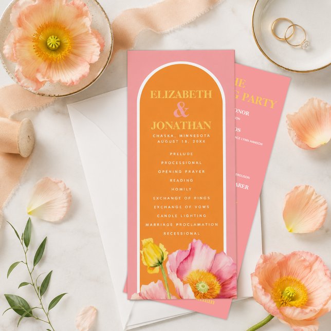 Programme de mariage aux coquelicots roses orange  (Modern Peach Pink Orange Poppies Wedding Program)