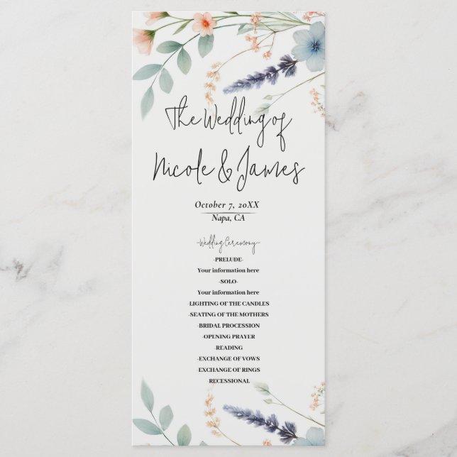 Programme de mariage aux fleurs aquarelles sauvage (Devant)